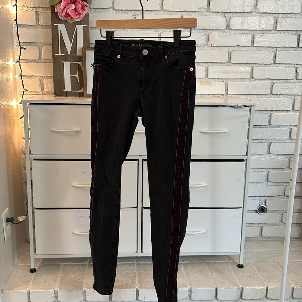Michael Kors “Selma skinny” womens black jeans with velour stripe